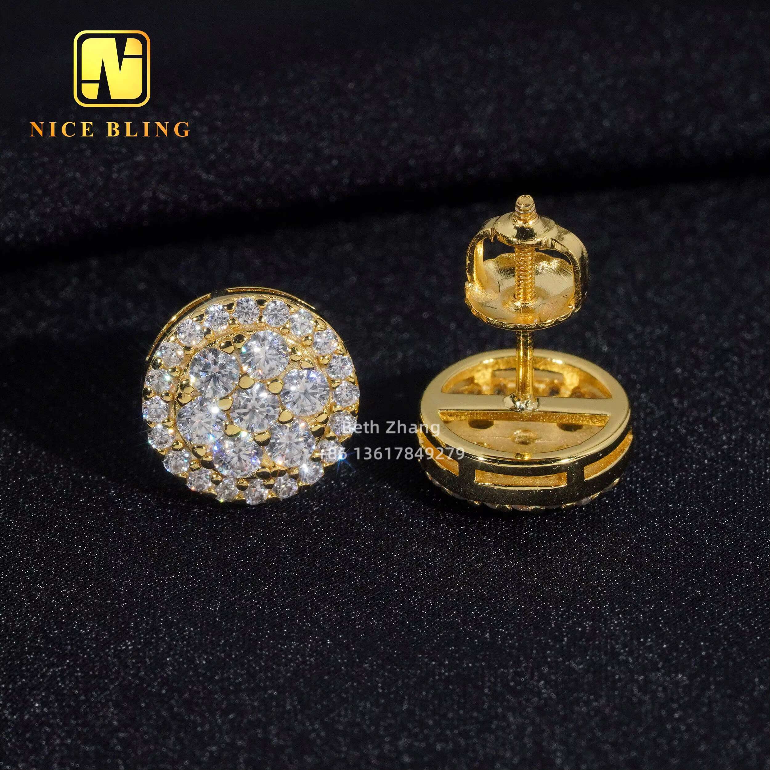 Hip Hop Moissanite Jewelry 10MM Ear Studs 925 Silver Cluster Lab Diamond Stud Earrings for Men Women