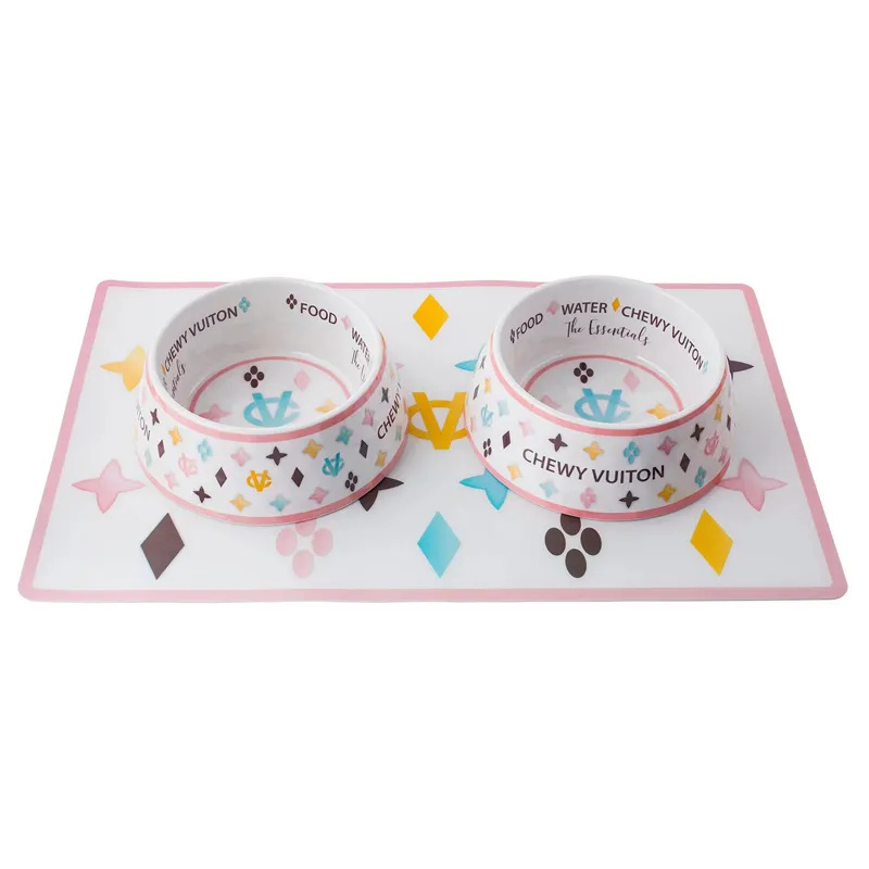 Pet Rice Bowl with Mat Drink Water Dog Bowl Anti-Drop Tide Melamine Cat and Dog Feeding Dish with Wide Base