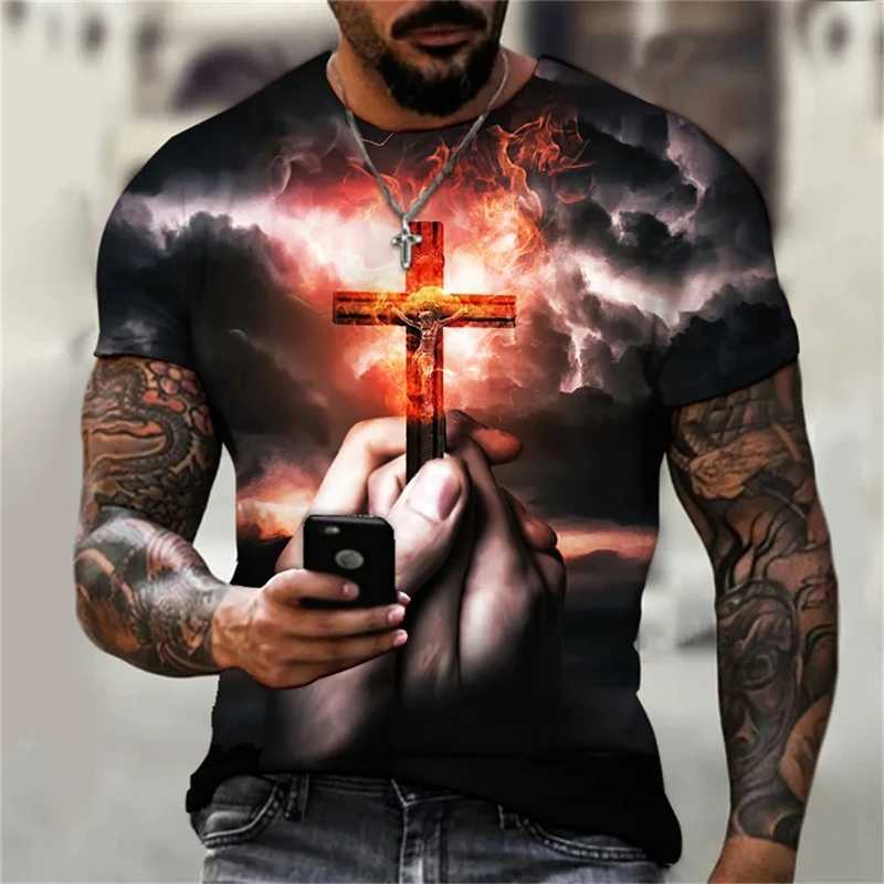 Christian mens T-shirt oversized T-shirt Gothic Jesus Christ Cross 3D printed O-neck top retro personalized unisex T-shirt W250505