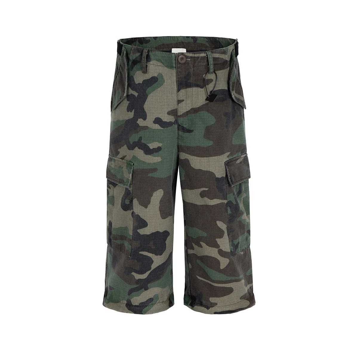 Knee detachable wide leg patch work camouflage cargo pants suitable for men and women straight contrast color pocket cover oversized size Z250505