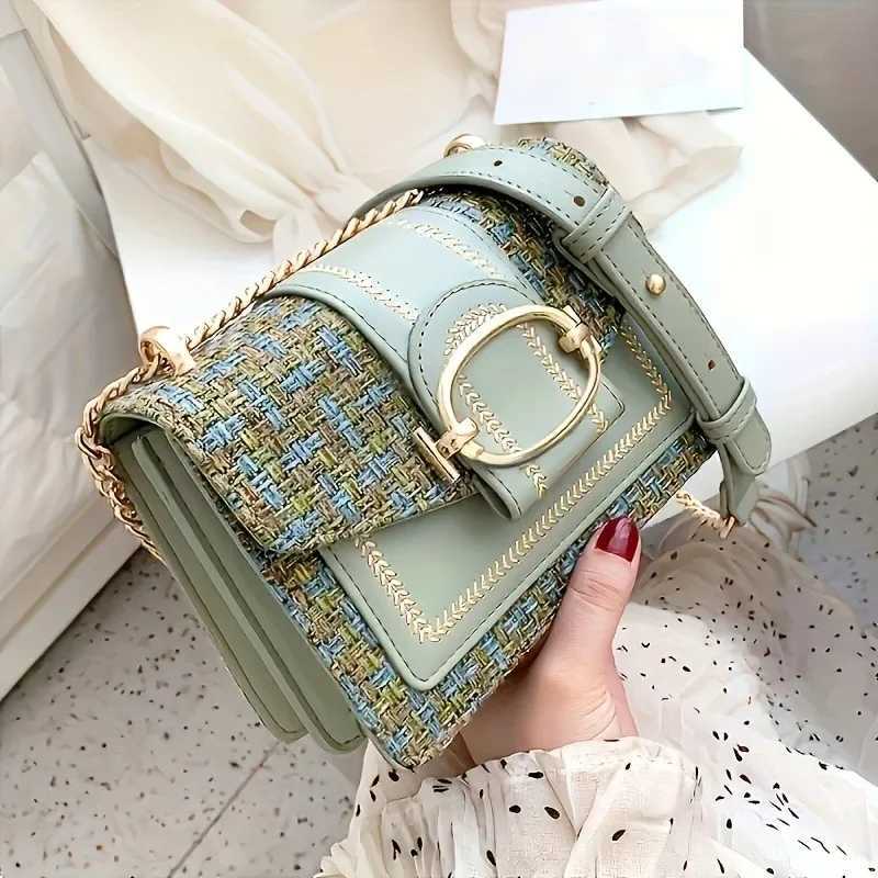 Chic Mini Plaid Tweed Crossbody Bag with Adjustable Strap Fashionable Buckle Closure - Available in Cream Green Blue Black XJ250610