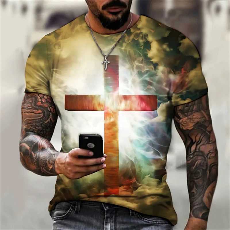 Christian mens T-shirt oversized T-shirt Gothic Jesus Christ Cross 3D printed O-neck top retro personalized unisex T-shirt W250505