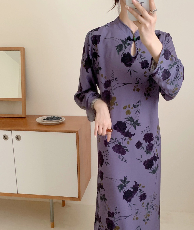 G8135 Retro long-sleeved new Chinese green national style artificial cotton improved cheongsam skirt