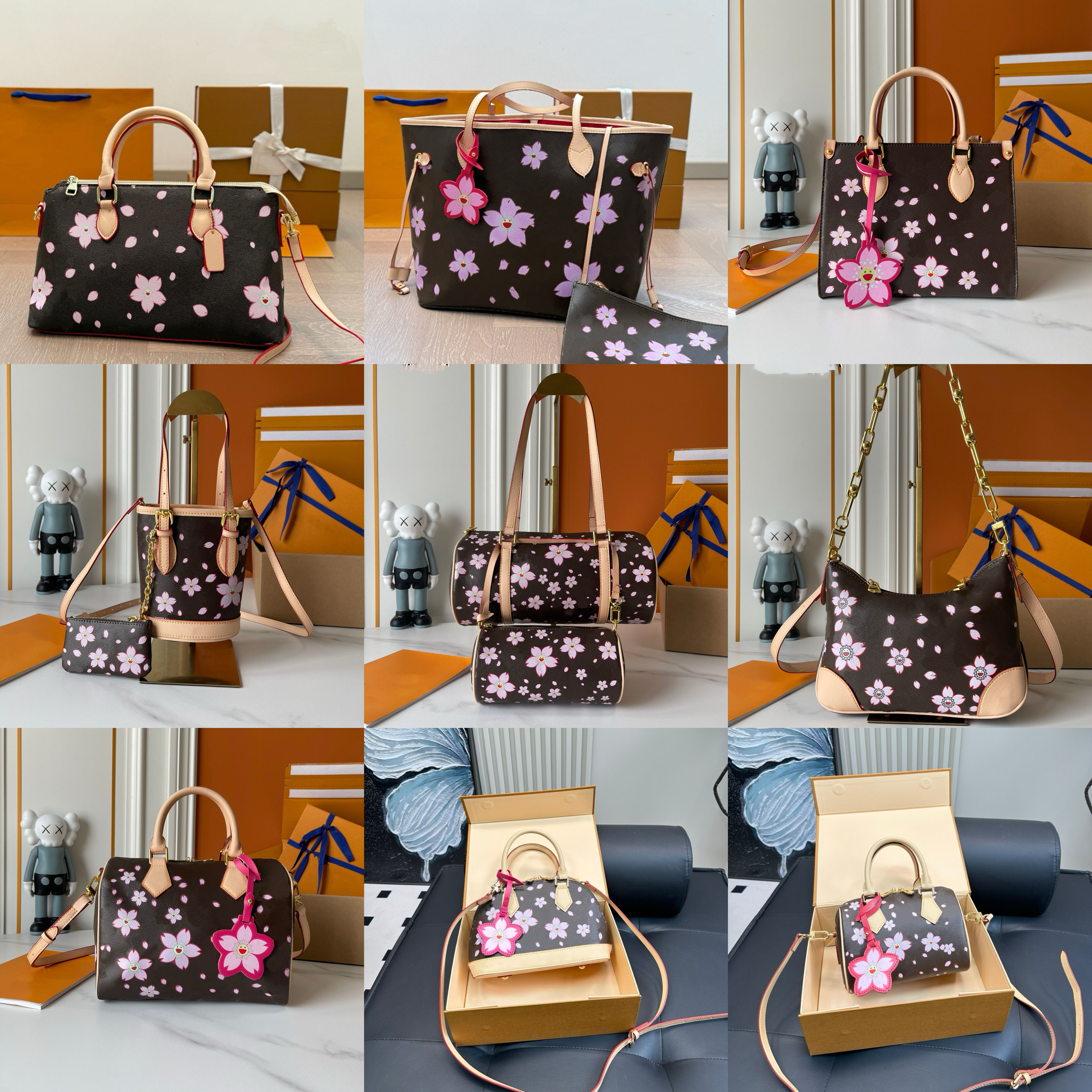 New womens designer bag cherry blossom tote soft leather crossbody shoulder bags women handbag graffiti pillow purse high quality9742541143