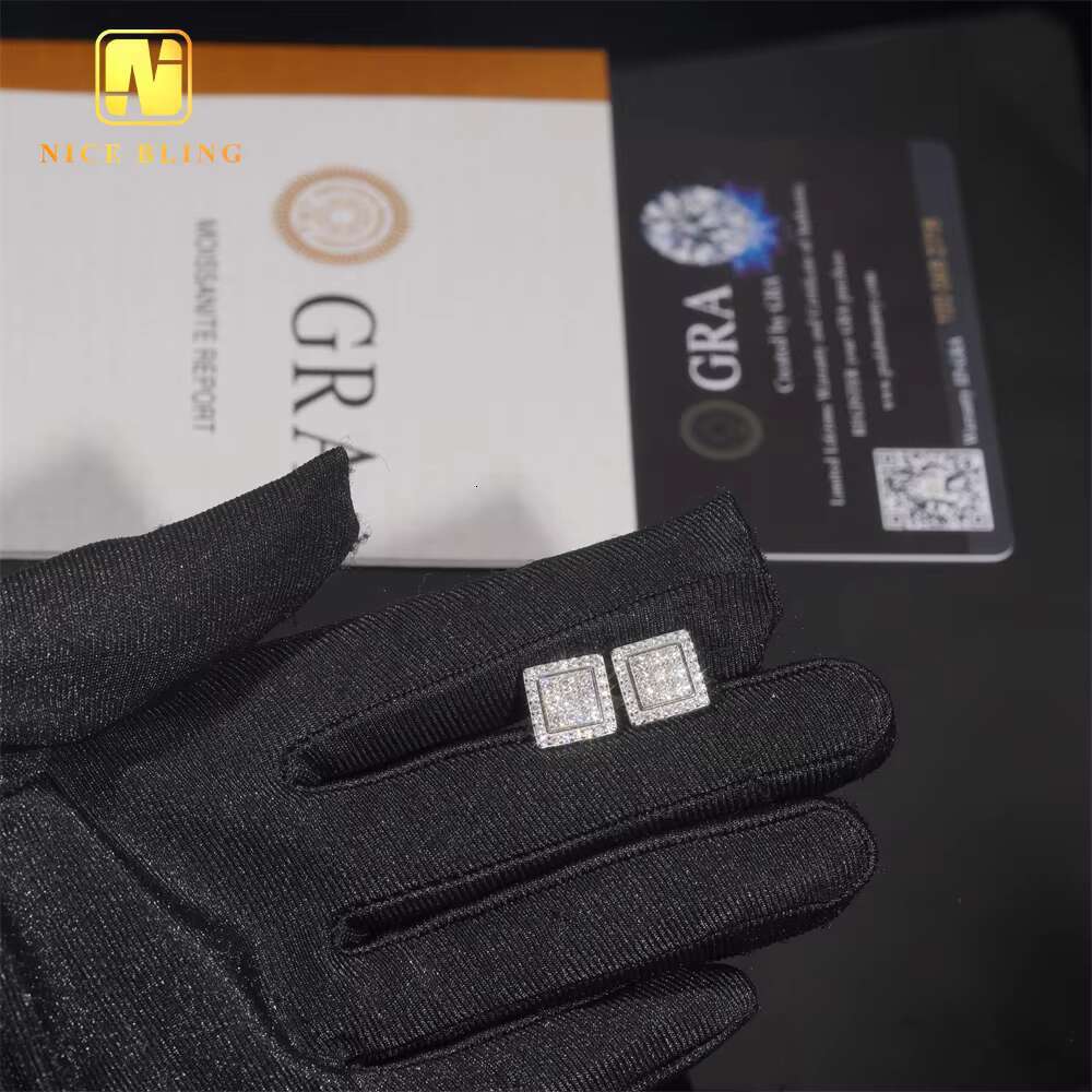Wholesale Price GRA Certificates 925 Silver Hip Hop Ear Stud Square Shape VVS Moissanite Stud Earrings