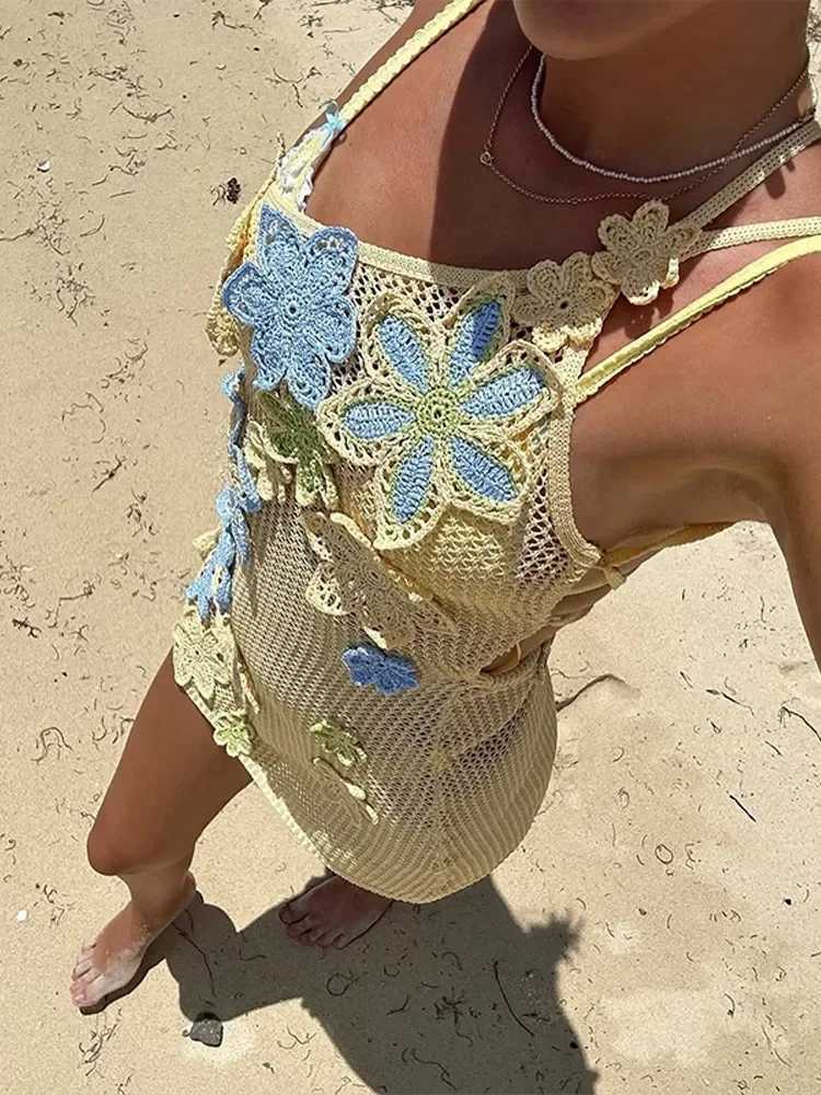 Colorful Floral Knitted Mini Dress For Women Summer Hollow Out Crochet Beach Party Short Dresses Chic New Vacation Lady VestidosXJ250504