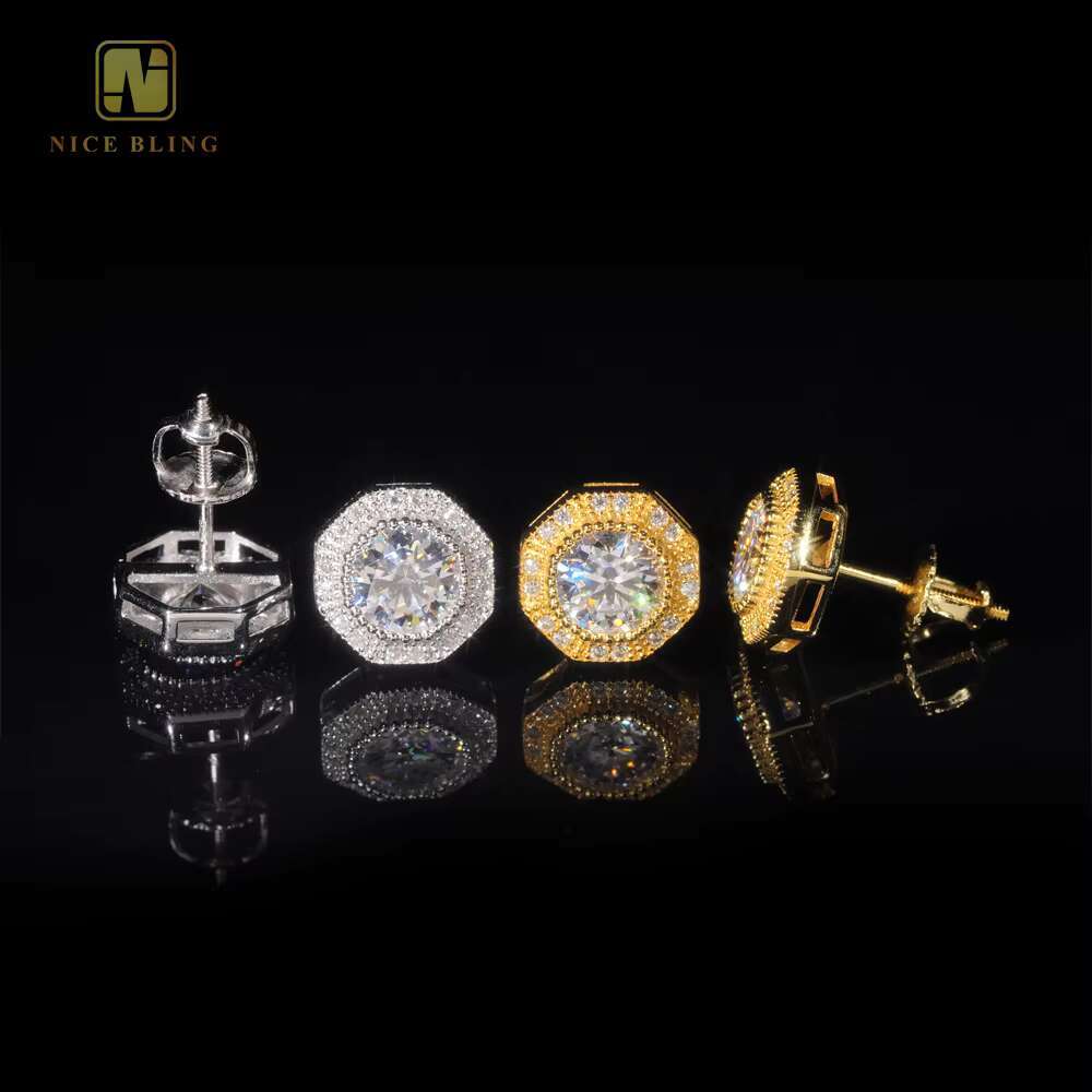 Full Iced Out Ear Studs Hip Hop Jewelry Women Gold Plated 925 Sterling Silver VVS Moissanite Diamond Stud Earring for Women