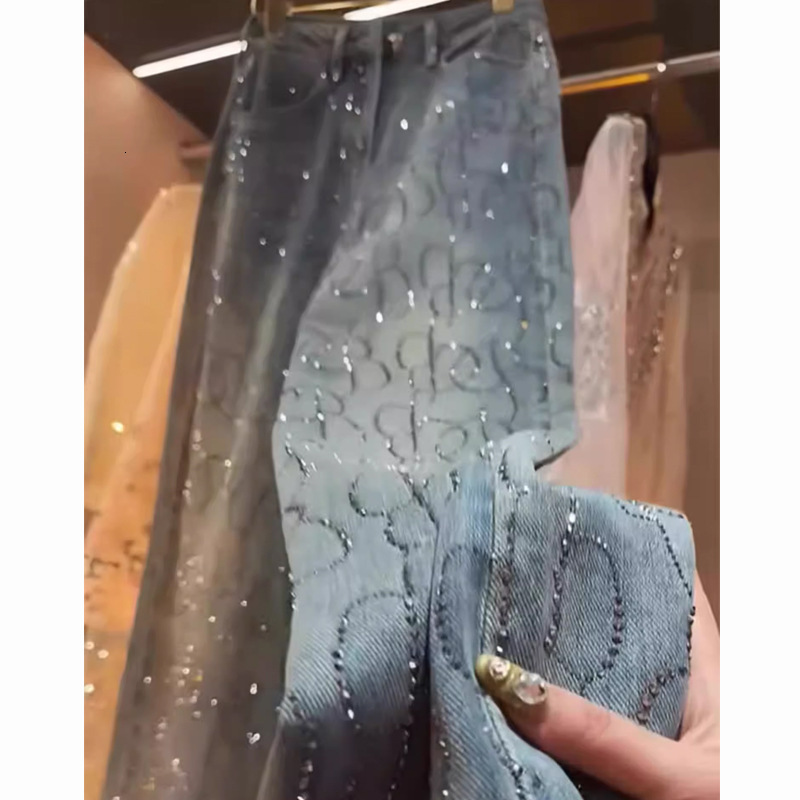 2025S designer pants hot pressed denim jeans for women spring 2025 new design high waist heavy industry bright diamond loose straight wide leg floor p