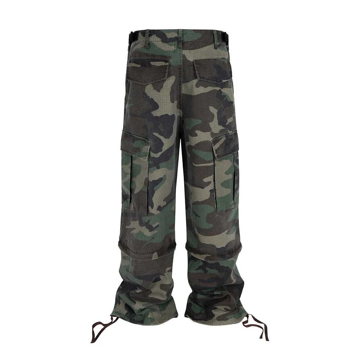 Knee detachable wide leg patch work camouflage cargo pants suitable for men and women straight contrast color pocket cover oversized size Z250505