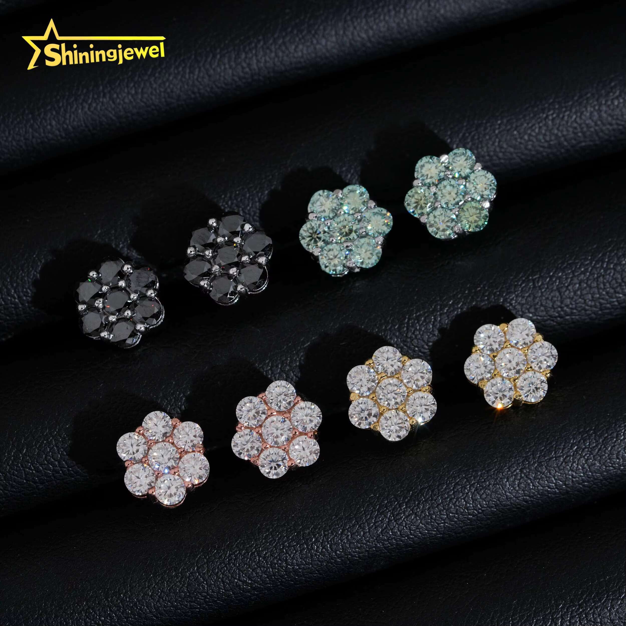 Hot Sale 9mm Blue Green Black Moissanite Flower Stud Earrings Hip Hop 925 Silver Gold Plated Cluster Pass Diamond Tester