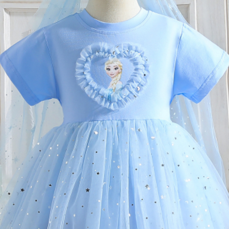 DISNEY Elsa princess Girls' short-sleeved summer dress Frozen theme baby designer clothes children's t-shirt dress.