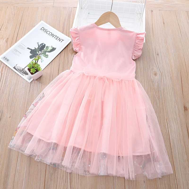 DISNEY Frozen kids designer clothes Short-sleeved summer children's cartoon princess dress with unicorn mesh dress