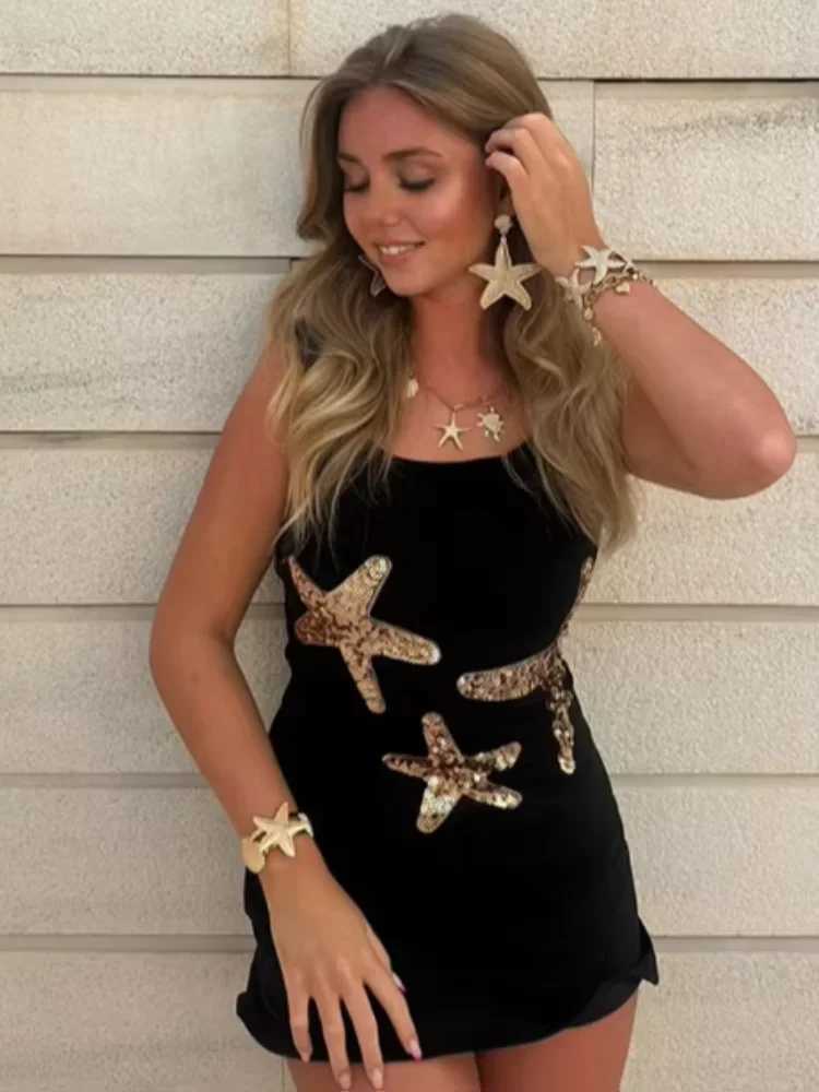 Prined Casual Women Star Mini Dress Fashion Strap No Back Wrinkle High Waist Robe 2025 New Womens Beach Vacation DressXJ250504