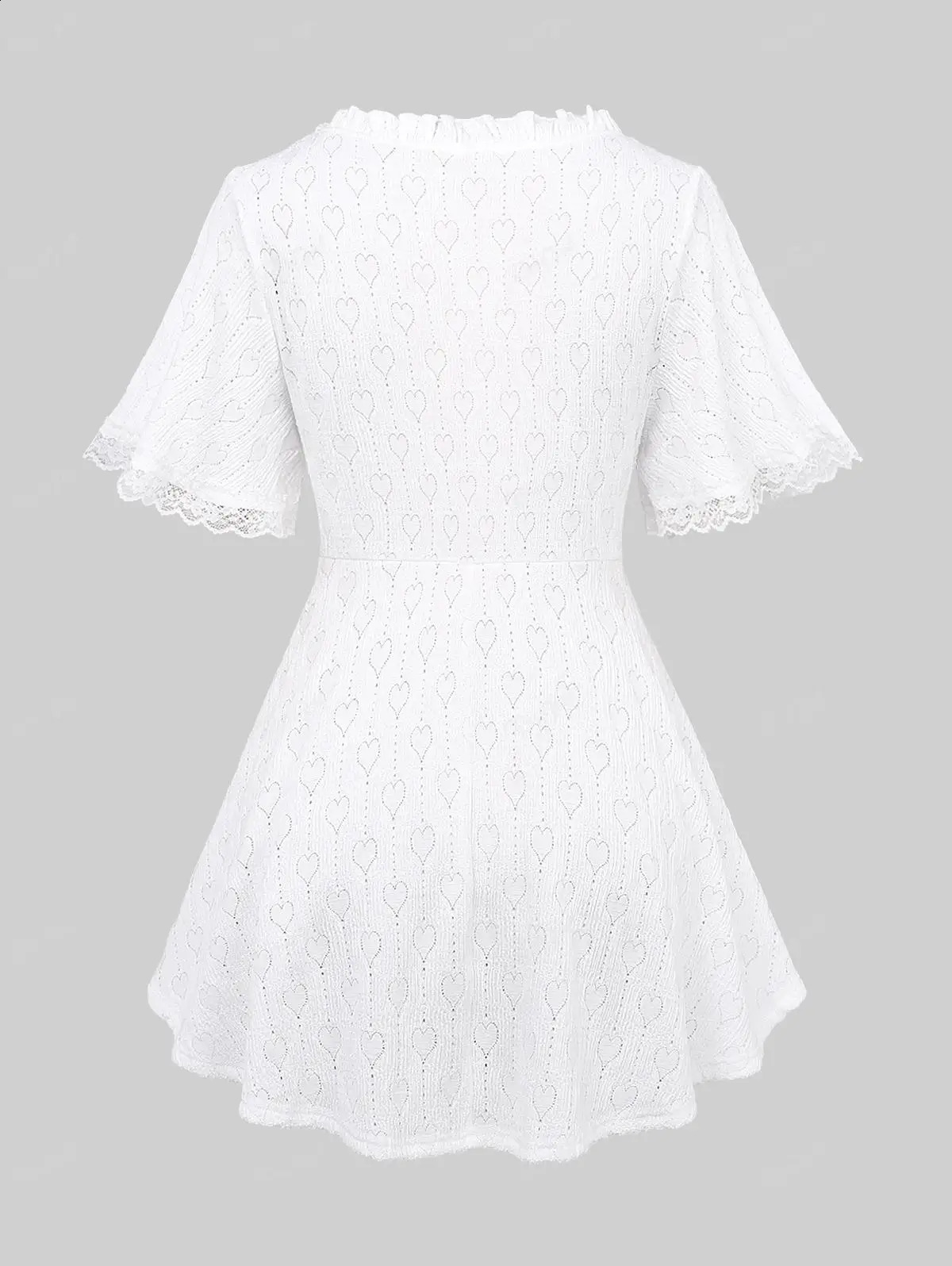 Rol Plus Size Womens Tshirt White Pointelle Hollow Heart Lace Decorative Ruffle Bow Button Panel Top 250430Z