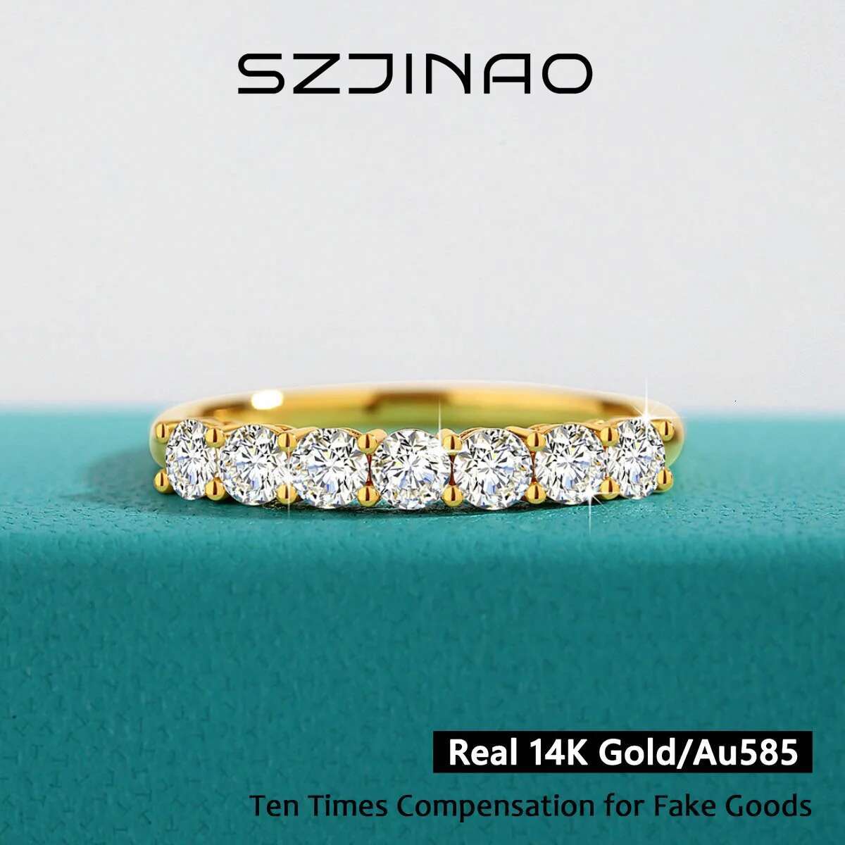 7 Stone Moissanite Ring 100% 14K Yellow Gold 585 for Women Classic Jewelry Engag e ment Wedding B and Christmas Gifts