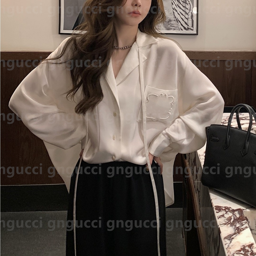 Designer Womens loose Blouses Long Shirts Silk satin Classic Summer New paris T-Shirt Casual Long Sleeve Tops Pocket Letters Embroidery Tops Size S-2XL