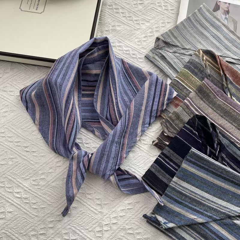 T636 color matching striped pure cotton triangle scarf generous literary versatile neck windproof sunscreen scarf decoration