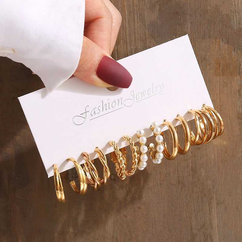 Gold Color Vintage Geometry Pearl Earrings Set Metal Twine Square Dangle Earrings Round for Women Simple Train Party Jewelry XJ250623