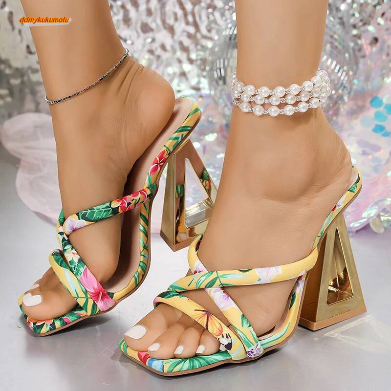 Fashion Printed Strange Heeled Sandals Women 2025 Summer Square Toe 10cm High Heel Slippers Woman Cross Strap Party Dress Shoes ddmykukumalu