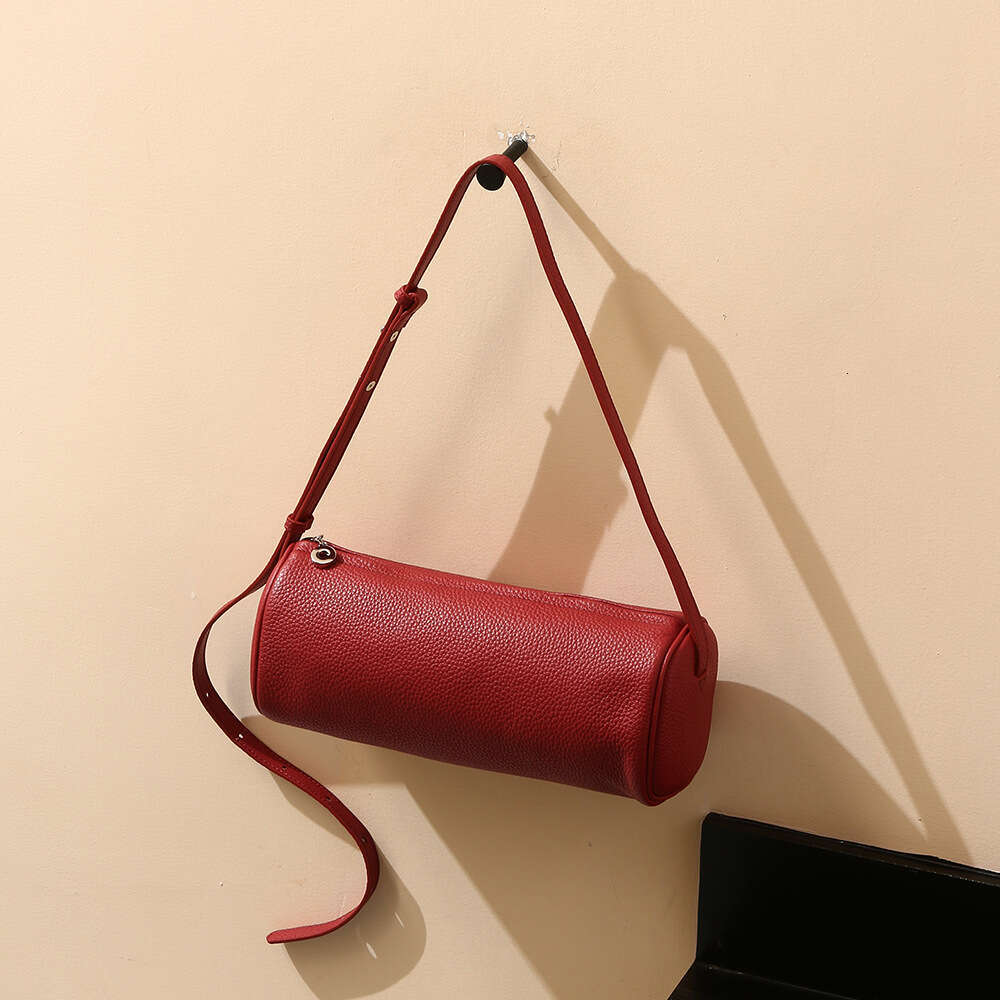 Simplified Style Pen Holder 2025 New Genuine Leather Women's Fashionable Commuting Cylindrical Bag, Large Capacity Trendy Crossbody Bag