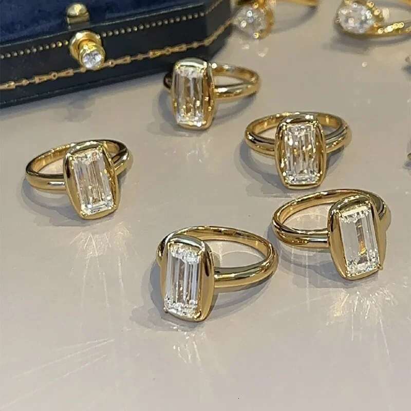 14K Gold Emerald Cut Lab Diamond Ring 100% Real 925 Sterling Silver Engagement Wedding Band Rings for Women Promise Jewelry