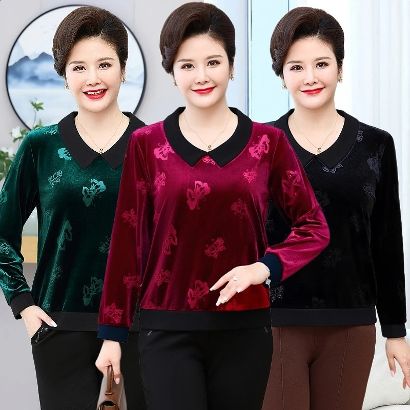 Plus size long sleeved Tshirt for womens clothing spring and autumn casual big embossed gold velvet bottom 250430Z