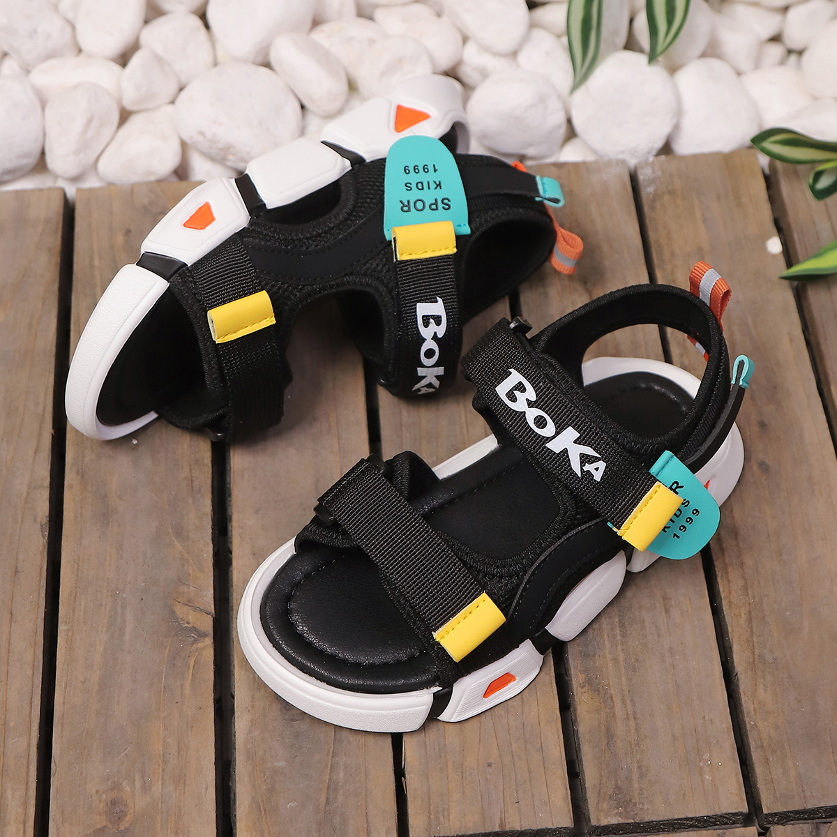 Black One-Piece Adjustable Velcro Print Design Boys Casual Sports Sandals z250513