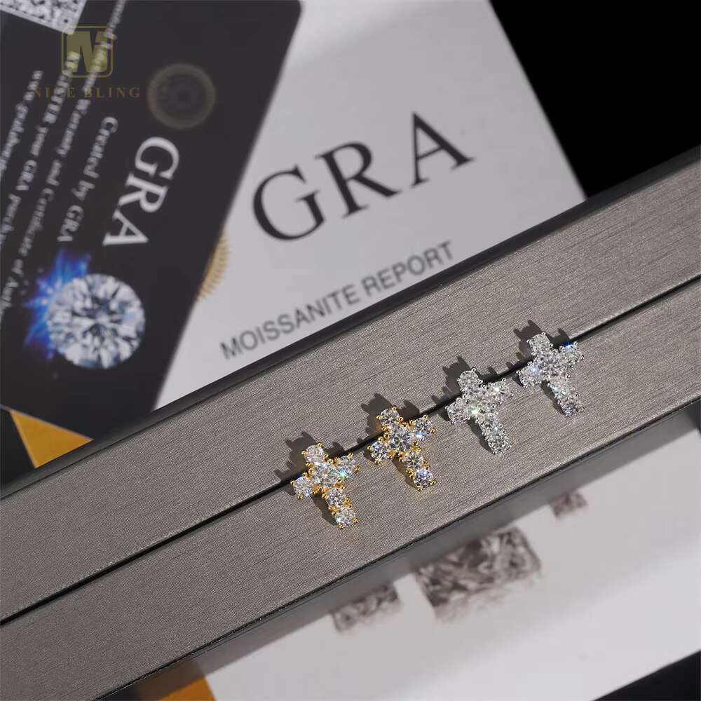 Fashion Hip Hop Moissanite Jewelry Ear Studs 925 Sterling Silver Ice Out Moissanite Diamond Cross Shape Stud Earring for Women