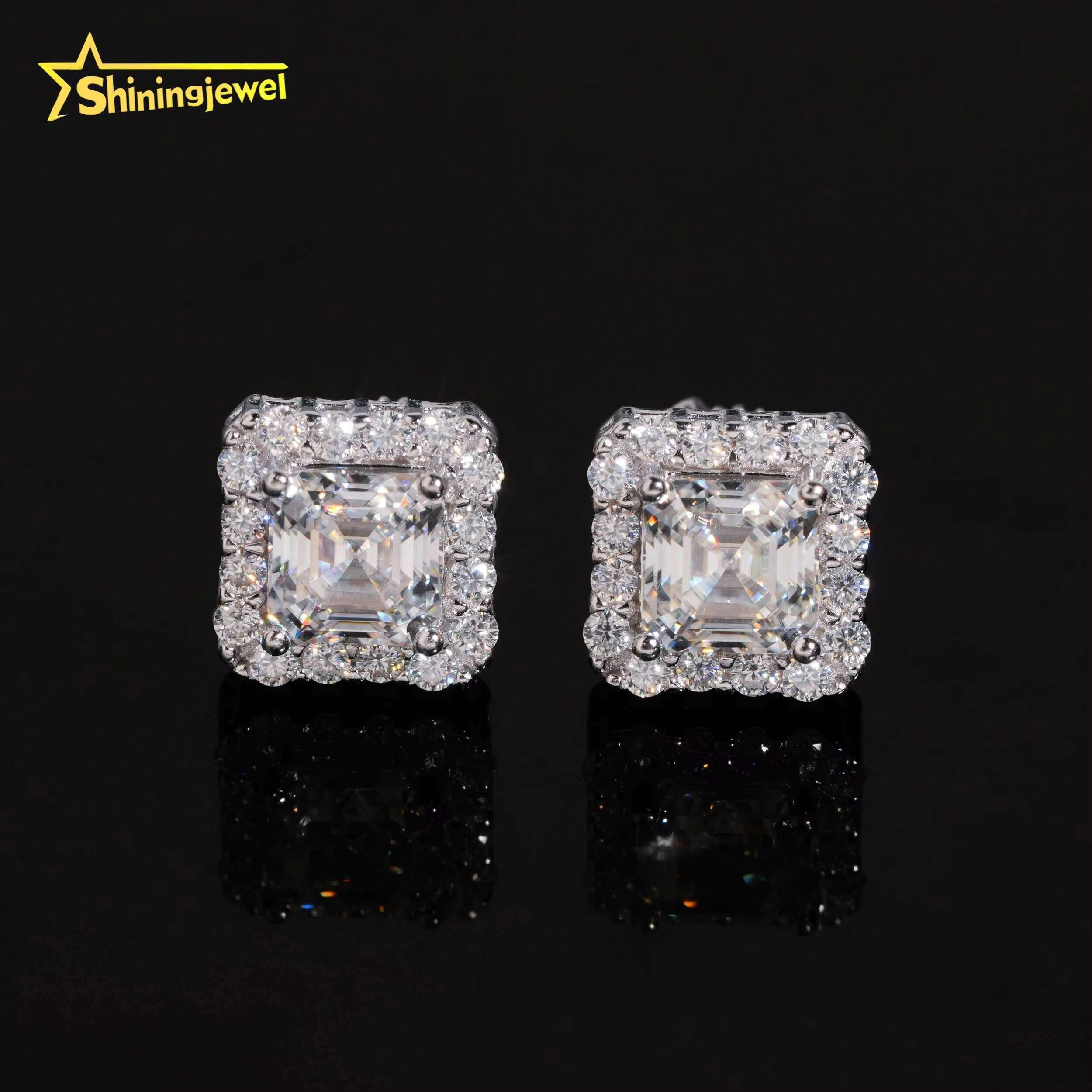 Diamond Jewelry Iced Out Square Princess Cut Hip Hop Screw Back 925 Silver Moissanite Stud Earrings
