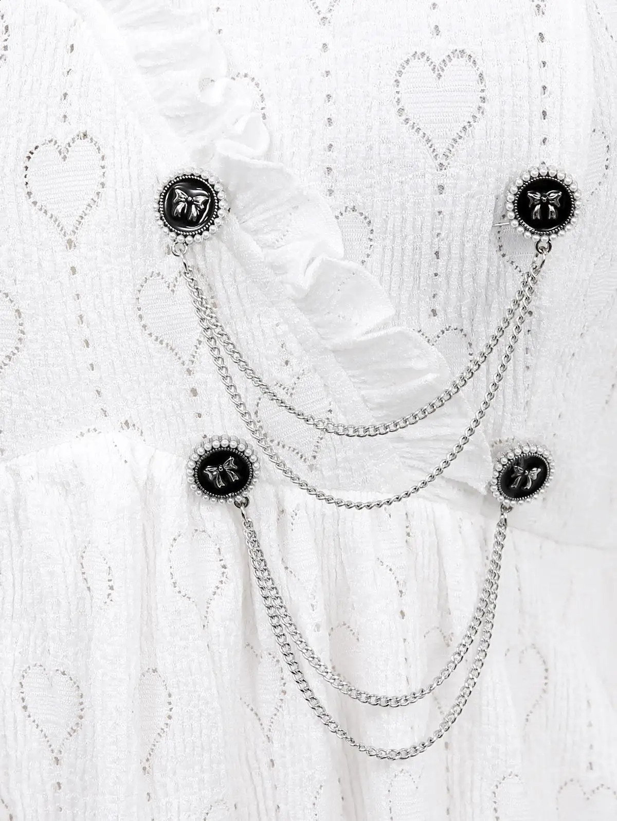 Rol Plus Size Womens Tshirt White Pointelle Hollow Heart Lace Decorative Ruffle Bow Button Panel Top 250430Z