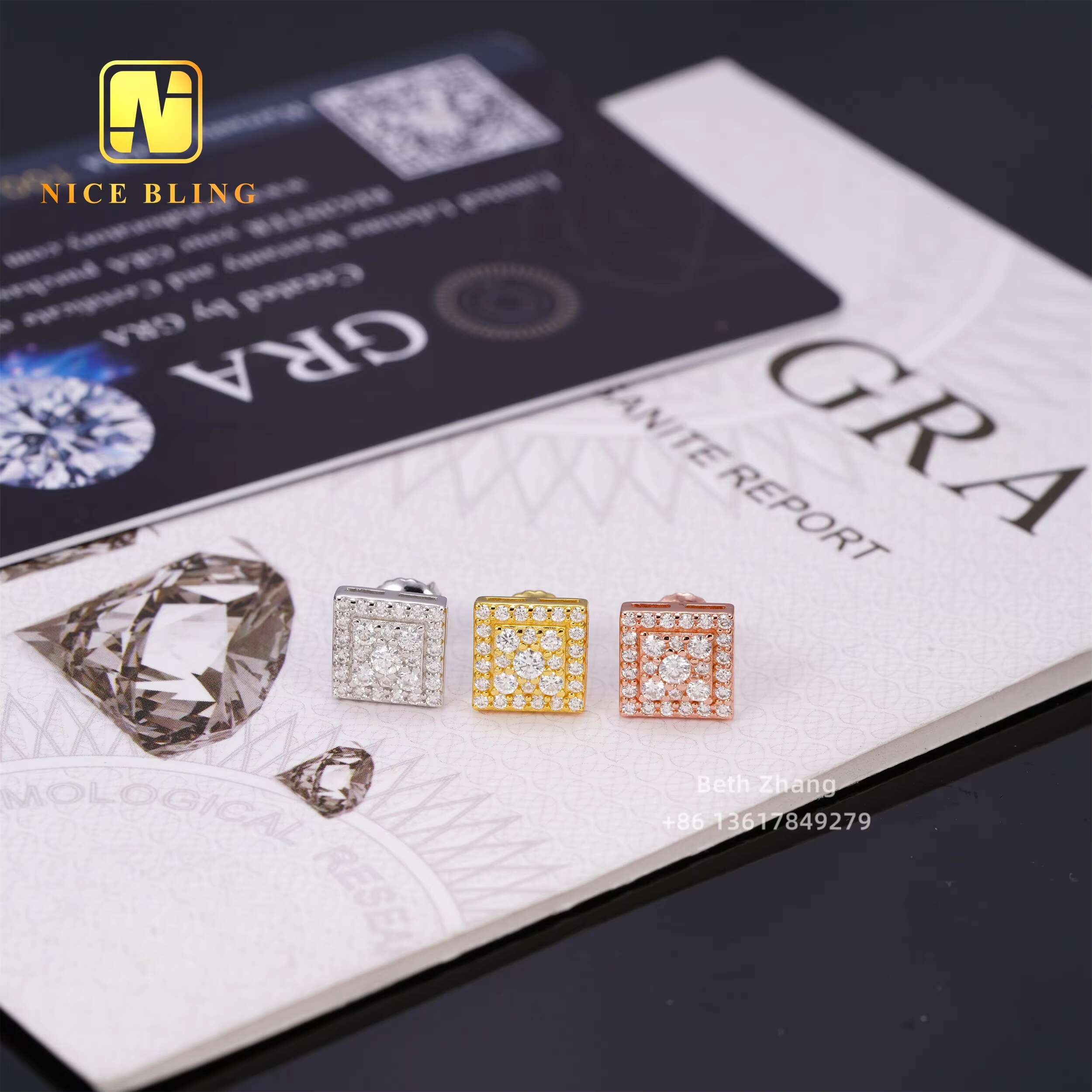 Fashion Hip Hop Jewelry 8MM Square Shape Earrings 925 Silver Moissanite Diamond Ear Studs for Men Women