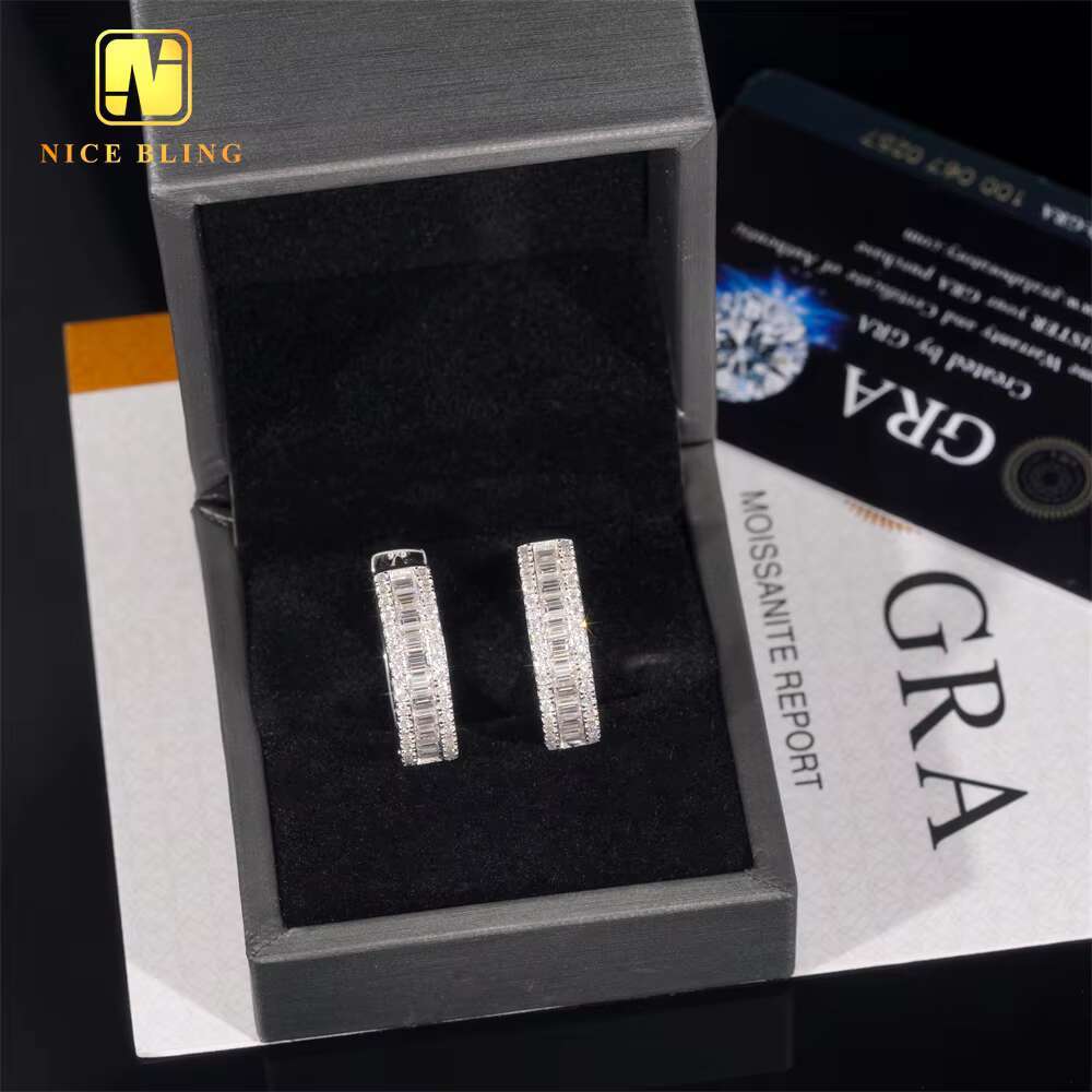 New Trend GRA Certificate New Style Iced Out Baguette Diamond 925 Sterling Silver Hip Hop Moissanite Hoop Earrings