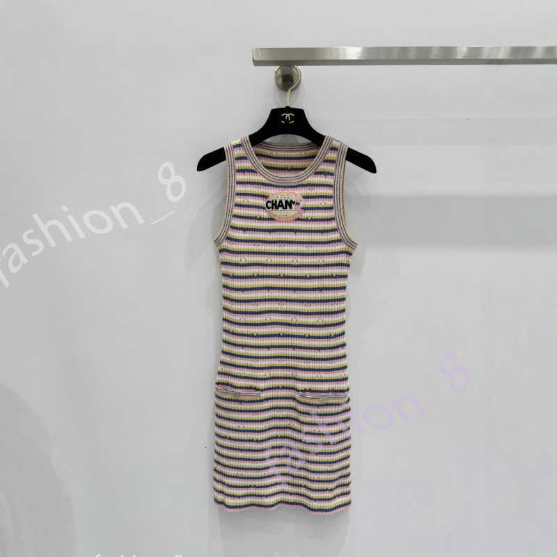 Luxury Designer Basic & Casual Dresses for women mirror quality 25 Summer dresses Handmade Hook Embroidery Tags Rainbow Stripes Slimming Knitted dresses