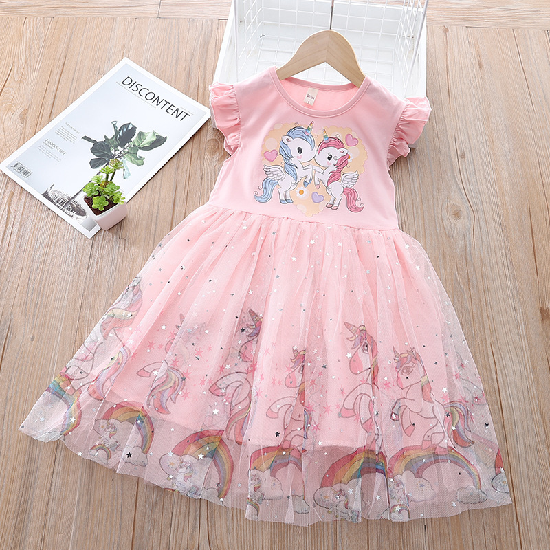 DISNEY Frozen kids designer clothes Short-sleeved summer children's cartoon princess dress with unicorn mesh dress