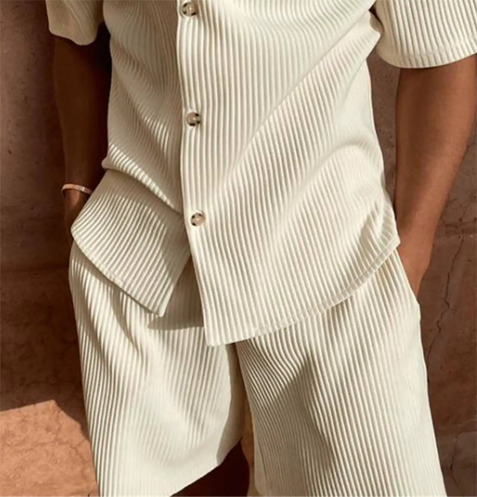 SpringSummer Solid Color Corduroy Short Sleeve Shirt and Stretch Beach Casual Set 250430Z