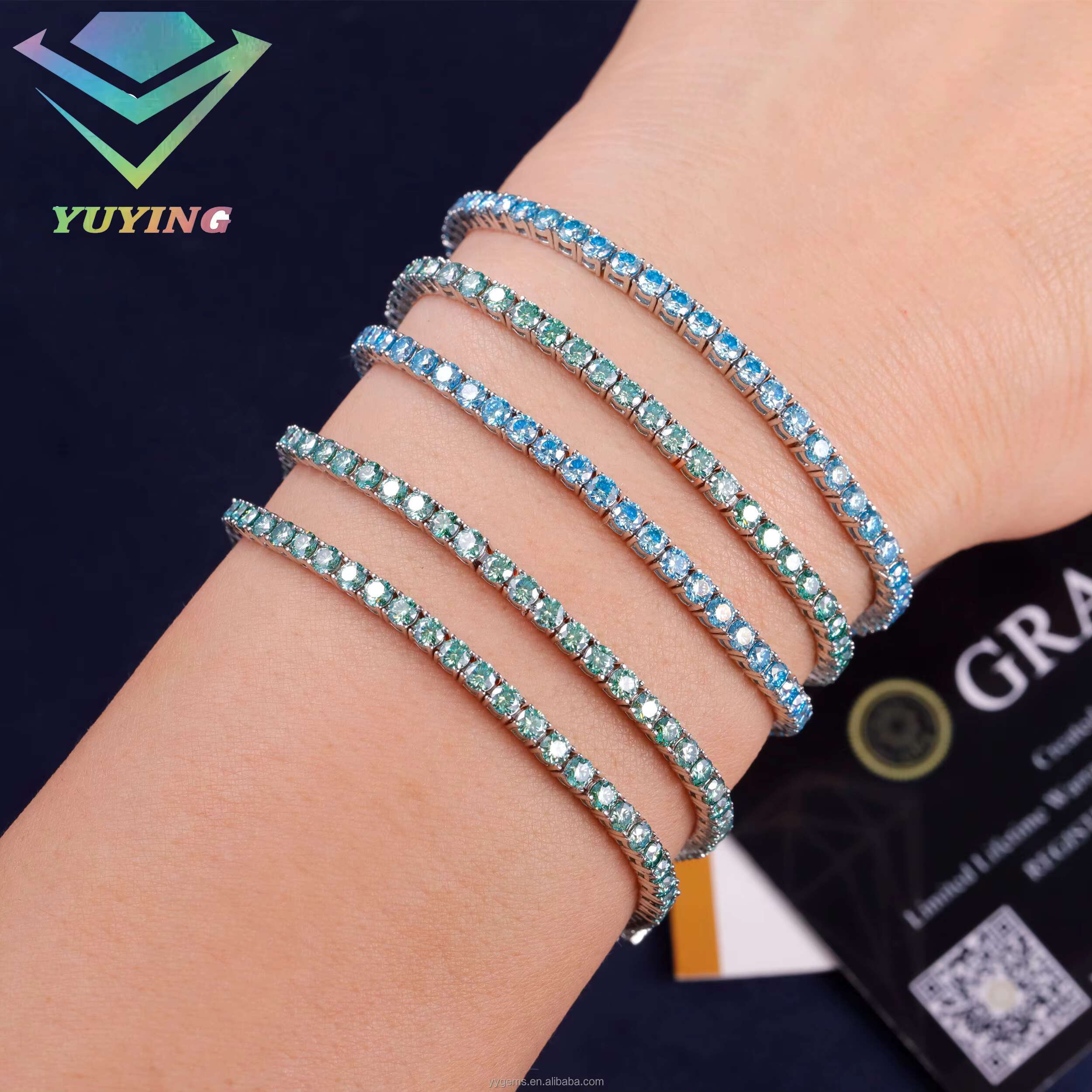 New Arrival Blue Green Diamond S925 Sterling Silver VVS Colorful Moissanite Tennis Chain Bracelet Necklace GRA Certificate