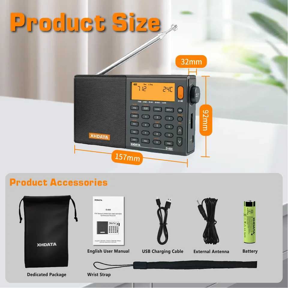 XHDATA D-808 AM/FM/SW/MW SSB AIR RDS Full Band Portable Radio with Multi functional Deep Stereo Charging Radio Receiver X2505056