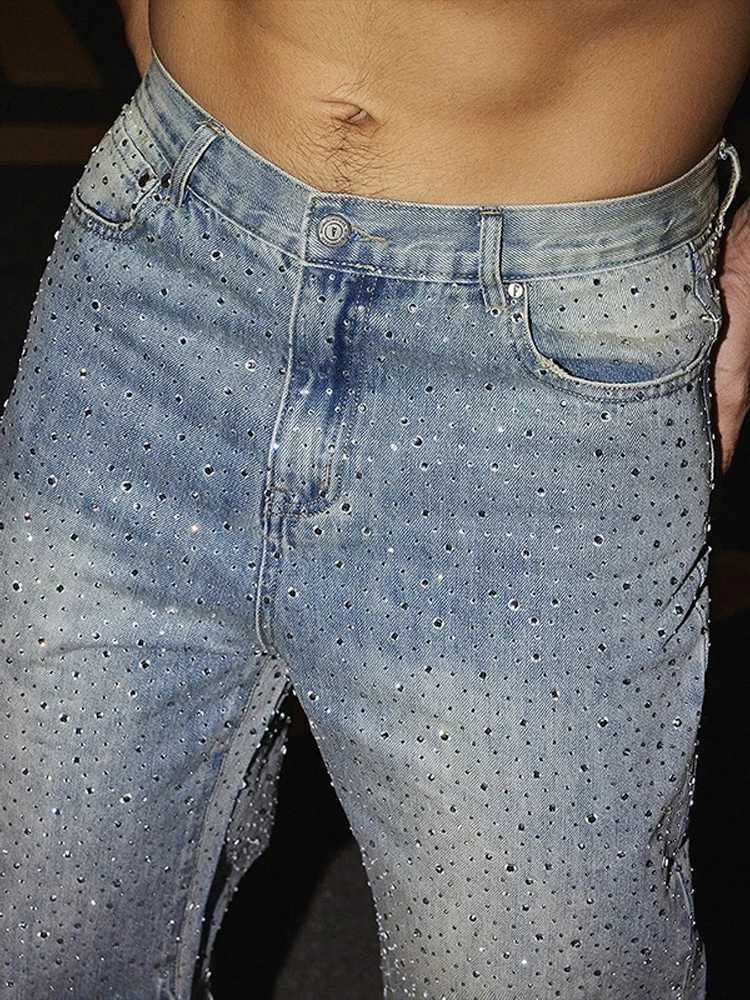 mens waisted sparkling rhinestone denim jeans fashionable straight leg pants Z250505