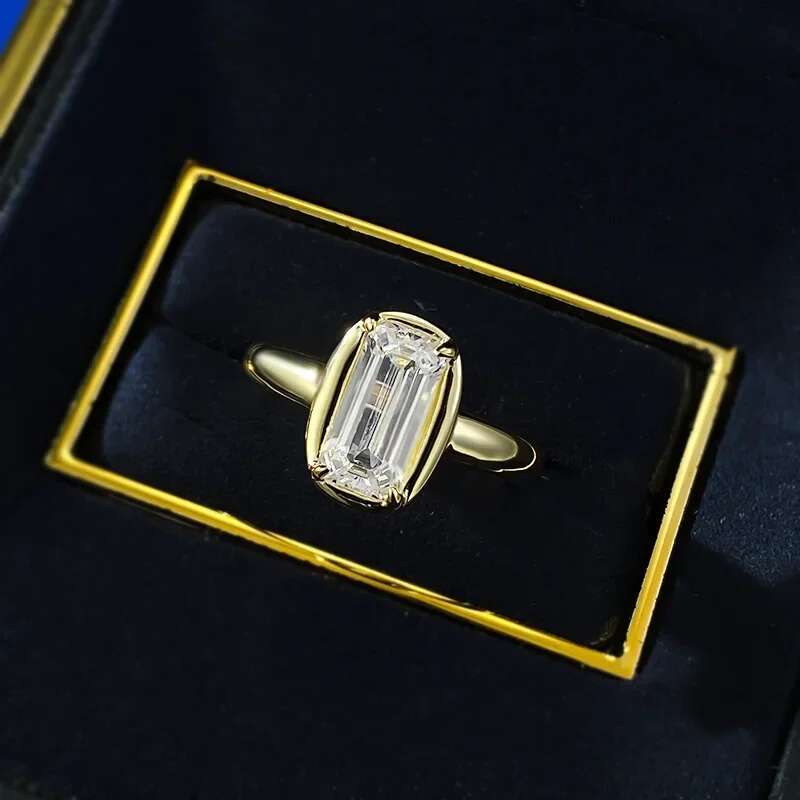 14K Gold Emerald Cut Lab Diamond Ring 100% Real 925 Sterling Silver Engagement Wedding Band Rings for Women Promise Jewelry