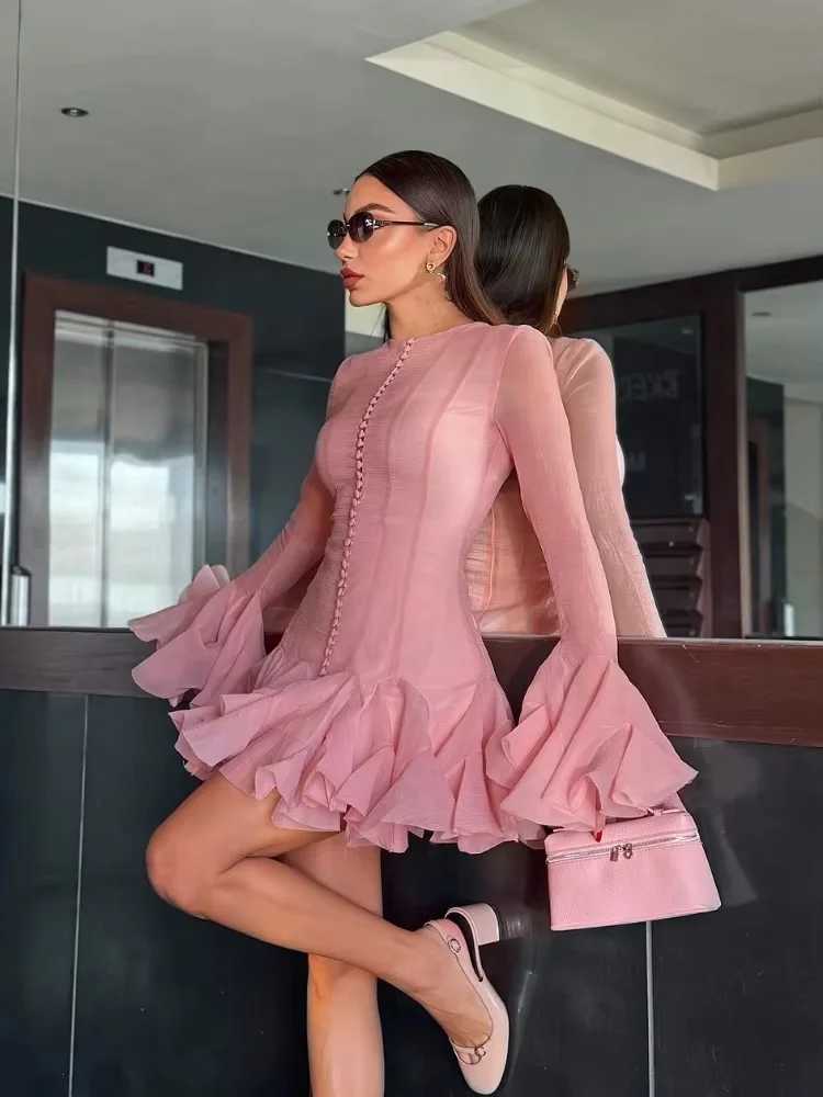 Fashionable ruffled edge single chest womens fashion long lantern sleeves high waisted mini dress 2025 new office womens dressXJ250504