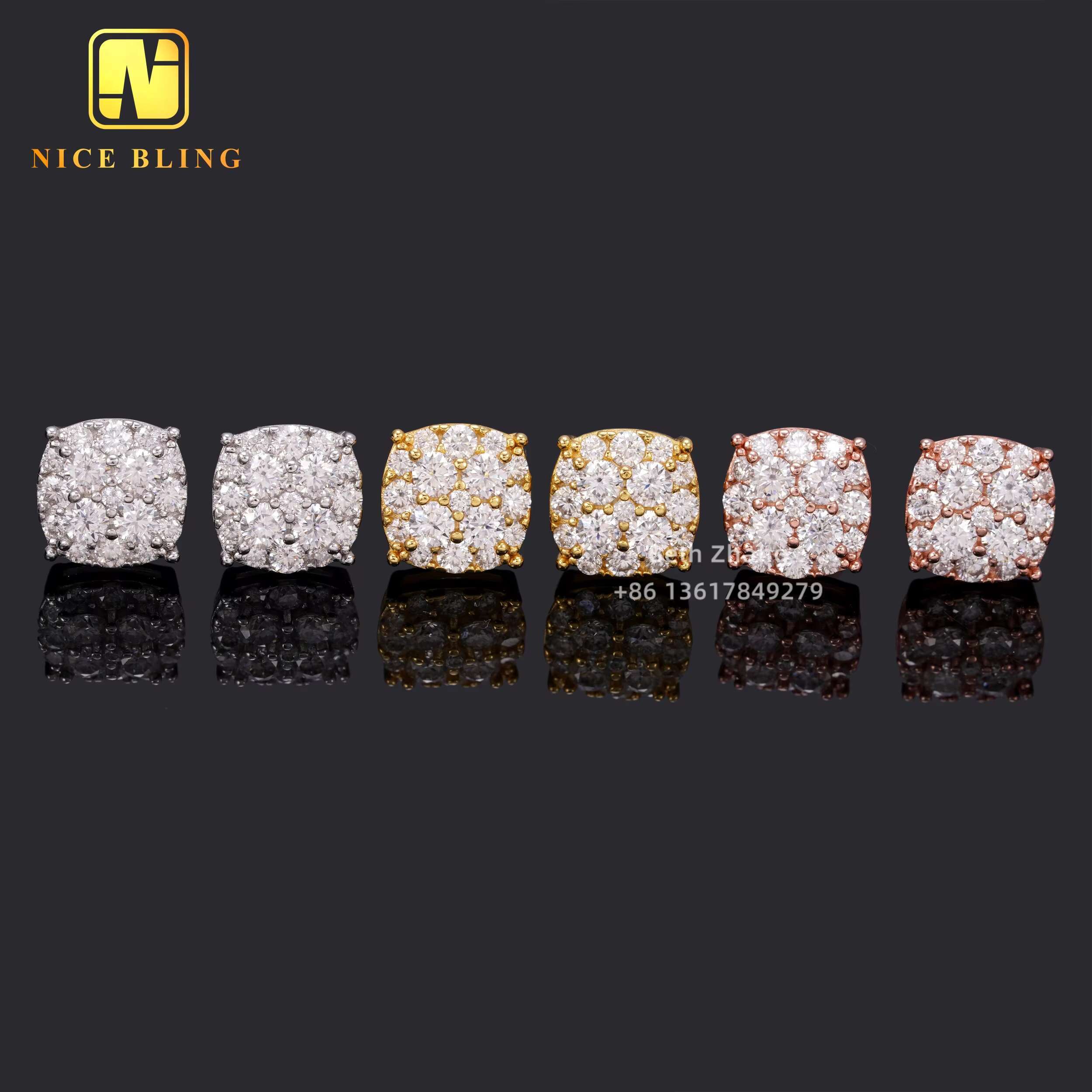 18K Gold Plated Hip Hop Jewelry Earrings Screw Back Sterling Silver Moissanite Diamond Ear Studs for Men Women