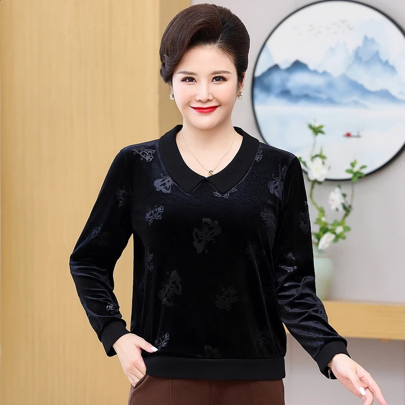 Plus size long sleeved Tshirt for womens clothing spring and autumn casual big embossed gold velvet bottom 250430Z