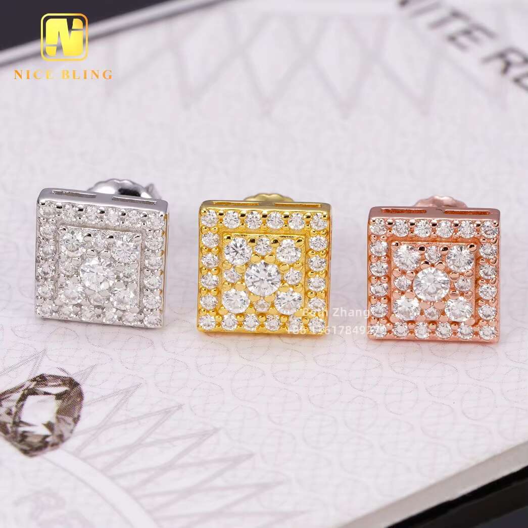 Fashion Hip Hop Jewelry 8MM Square Shape Earrings 925 Silver Moissanite Diamond Ear Studs for Men Women