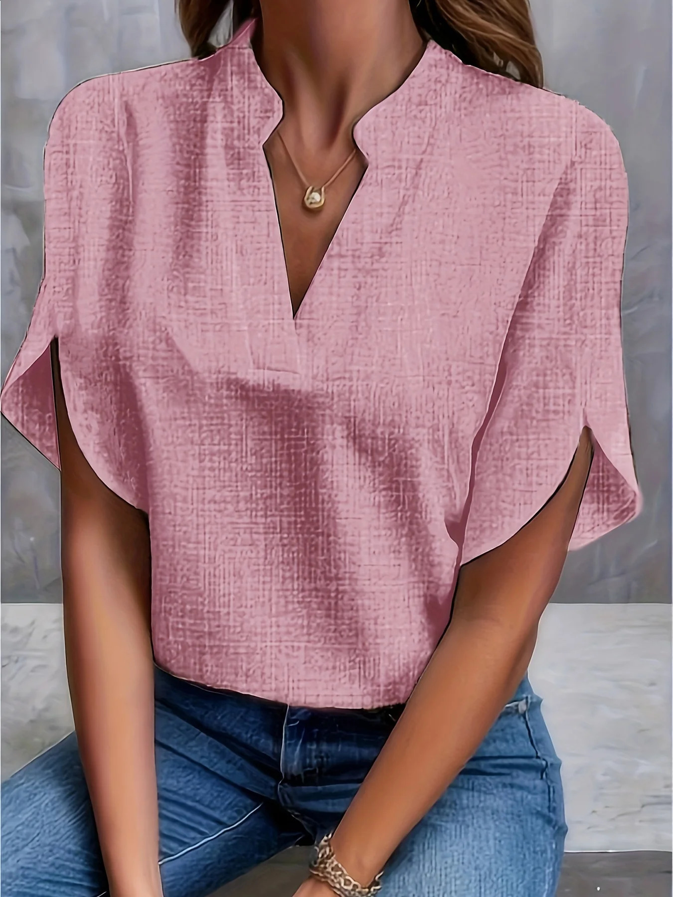 Plus size womens shirt 2024 summer Vneck cotton linen top white 250430Z