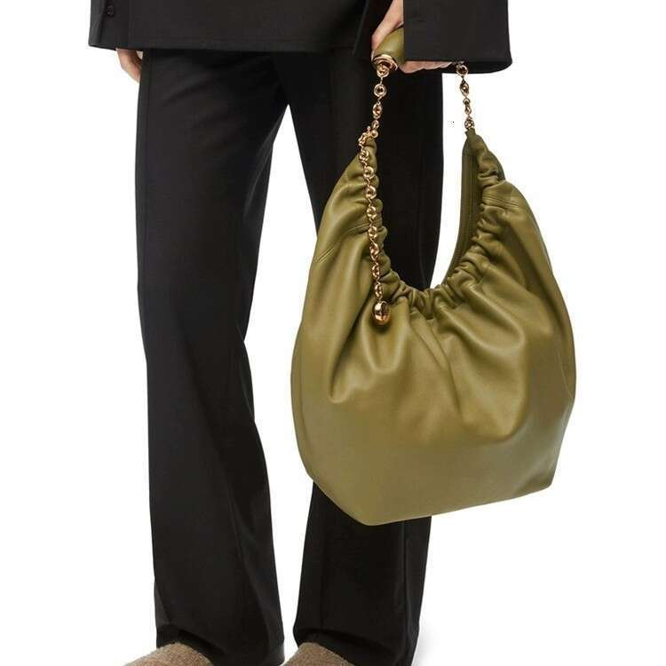 Celebrity style Squeeze garbage bucket pleated soft cowhide armpit tote chain leather bag, trendy
