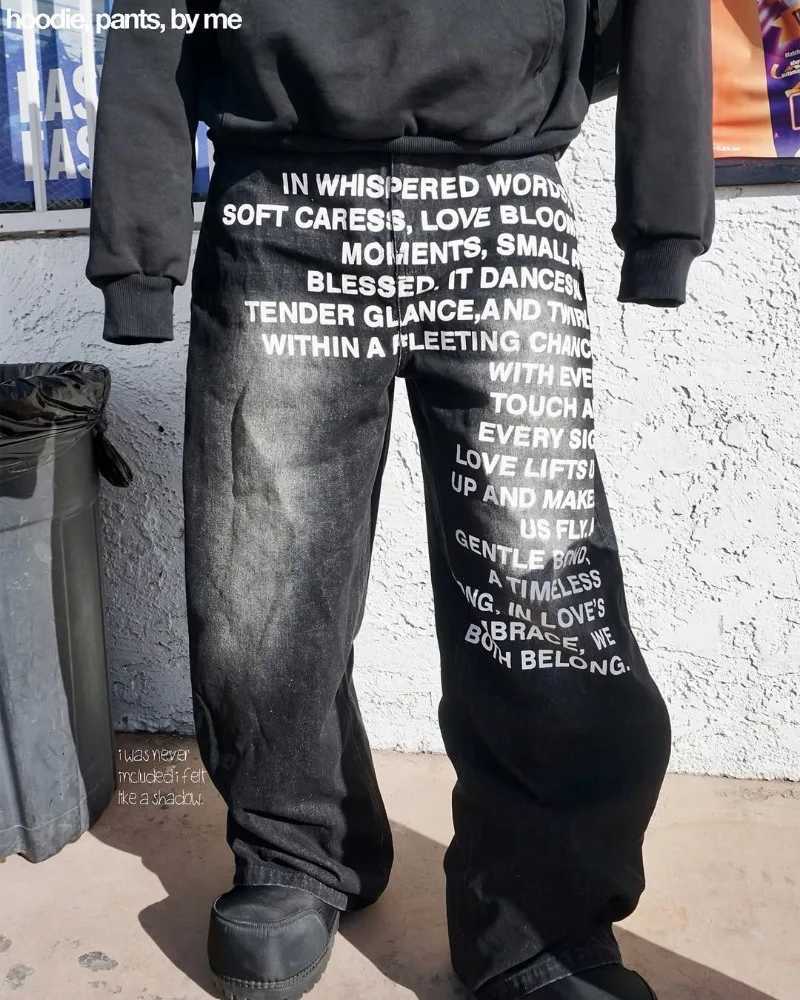 Y2K Mens Retro American Pattern Letter Jeans Street Cowboy Gothic Harajuku Hip Hop Mens Fashion Casual Wide Leg Jeans Z250505