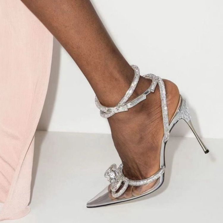 Designer White Pointed Toe Women Prom Wedding Sparkly Sequined With Straps Chic Bridal Summer Sandals For Ladies High Heel Casual Shoes Pumps Cl0501 Y