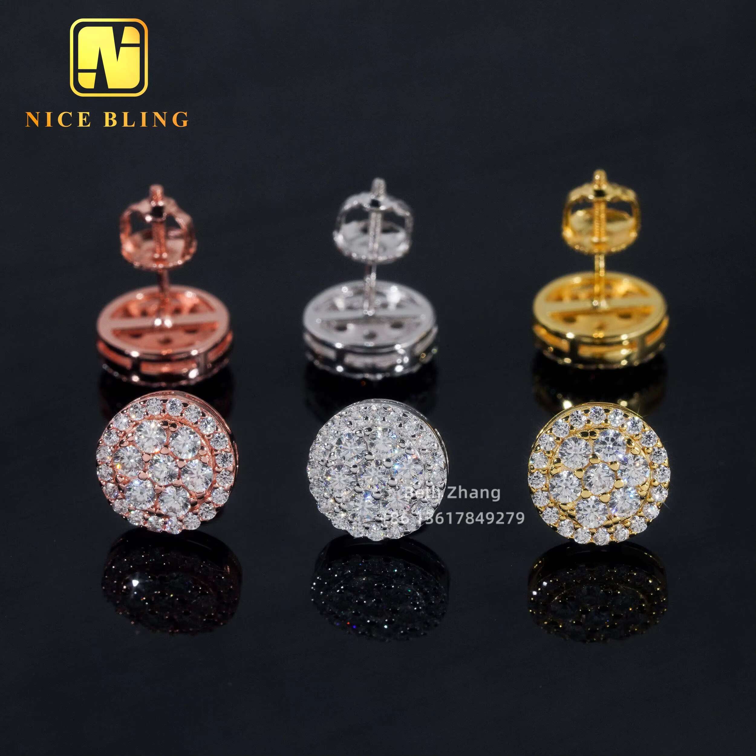 Hip Hop Moissanite Jewelry 10MM Ear Studs 925 Silver Cluster Lab Diamond Stud Earrings for Men Women