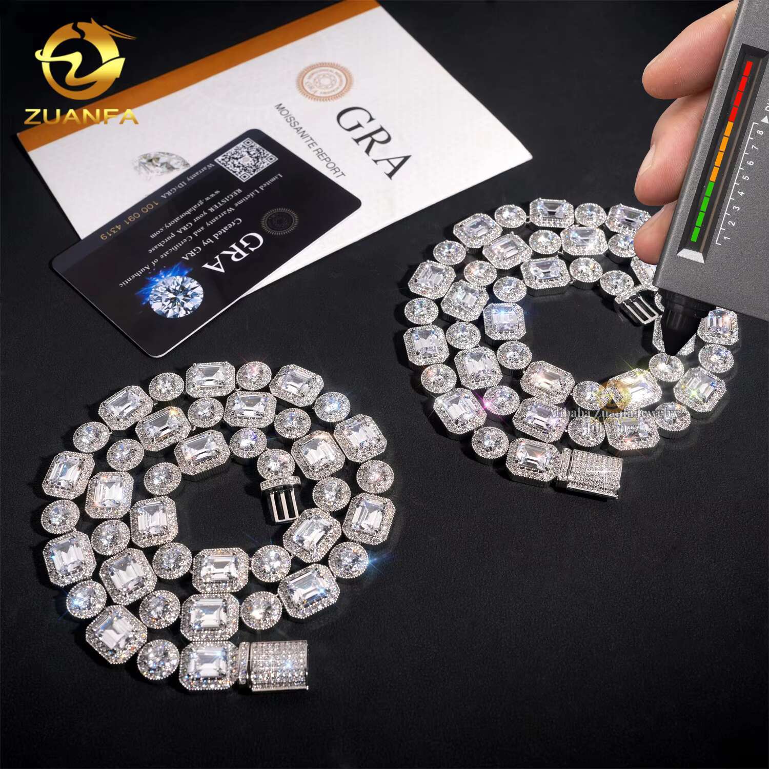 ZuanFa Jewelry Direct Sale Luxury 12mm Rock Sugar Chain Necklace Emerald Cut Diamond Cuban Links Moissanite Cuban Chain