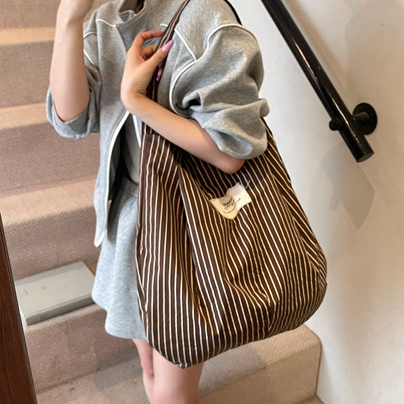 fashion canvas bag Korean style lazy underarm bag 2025 new large capacity striped cloth bag casual shoulder bag